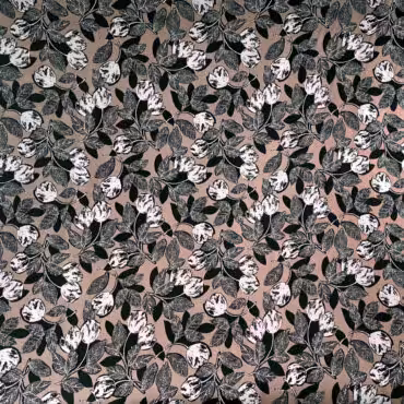 jedwab elastyczny w kwiaty i liscie cappucino satynaB