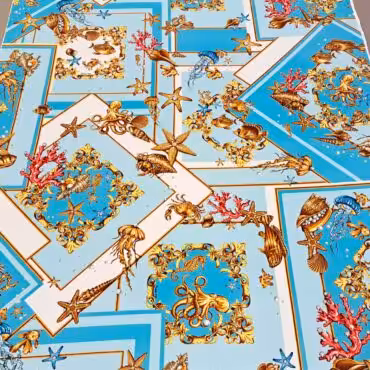 dzianina sygnowana wzor d drei muszle i ryby niebieskaB