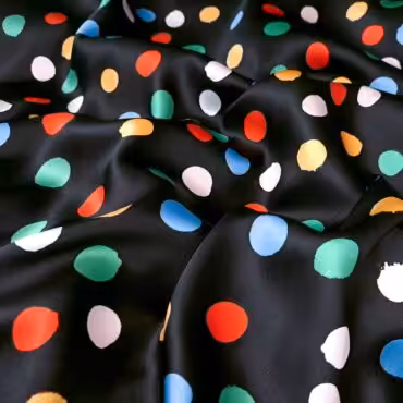 jedwab satyna wzor lv czarny w kolorowe kropki elastycznyA