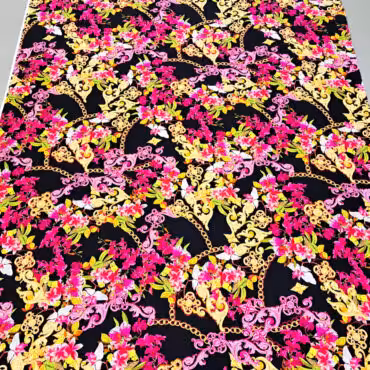jedwab wzor versace kwiaty magenta i zolte lancuchyB
