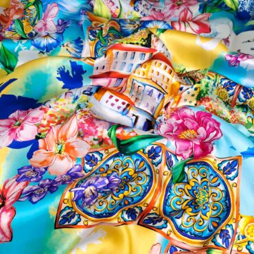 kolorowy jedwab wzor dolce gabbana domki mix satynaA