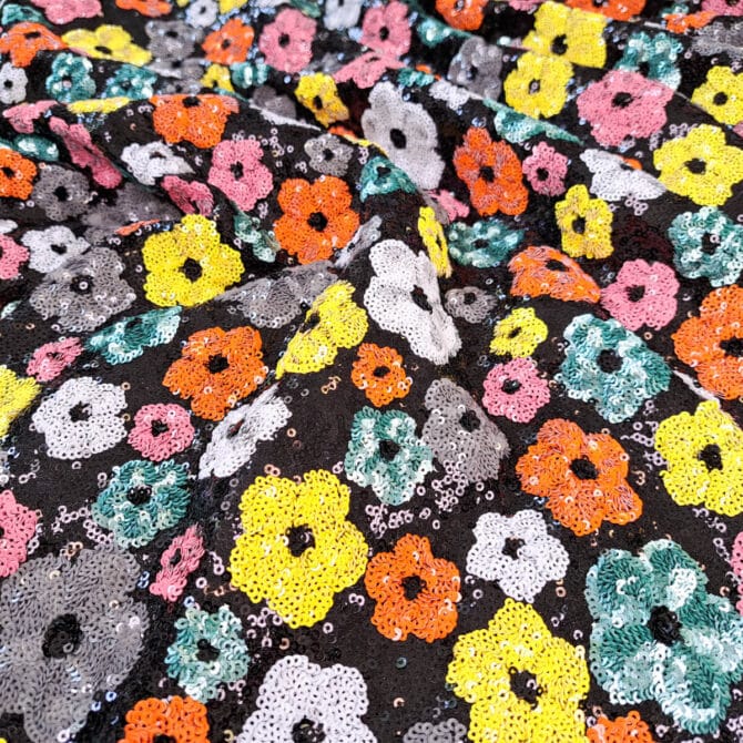 czarne cekiny we wzory kolorowe kwiaty na tiuluA
