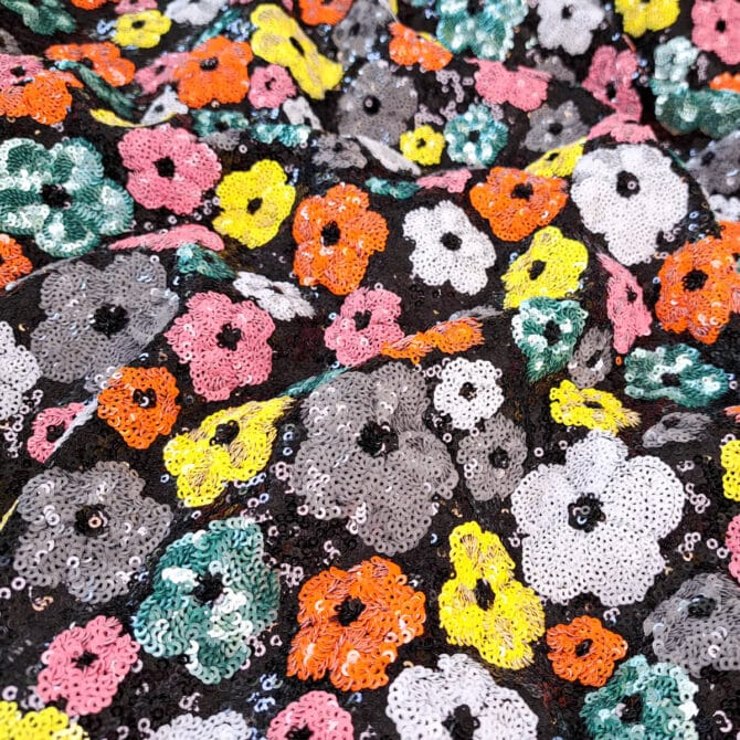 czarne cekiny we wzory kolorowe kwiaty na tiuluD