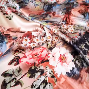 jedwab we wzory domki kwiaty satyna z elastanemA