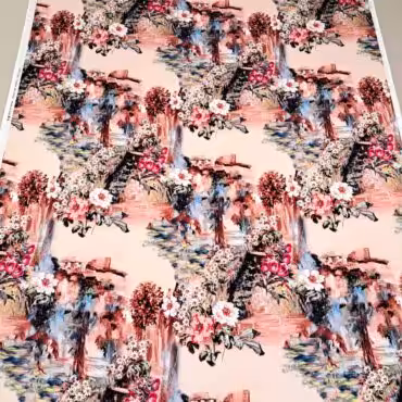 jedwab we wzory domki kwiaty satyna z elastanemB