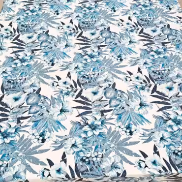 bialy len we wzory niebieskie kwiaty naturalny 100%B