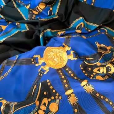 jedwab wzor versace niebieski meduzy paski panel 200cmD