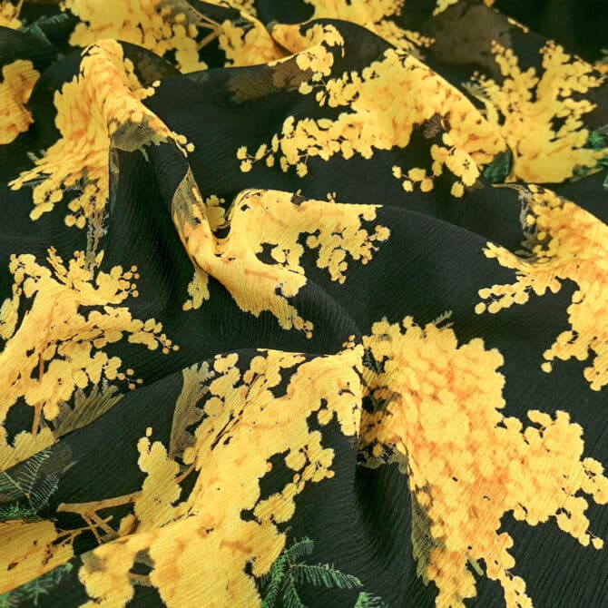 szyfon jedwabny czarny w zolte kwiatki kreszowanyD