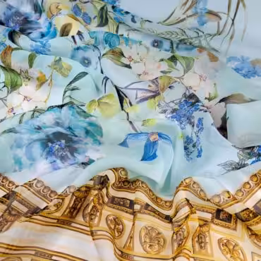 jedwabny szyfon chustowy panel 137cm kwiaty z bordiuraA