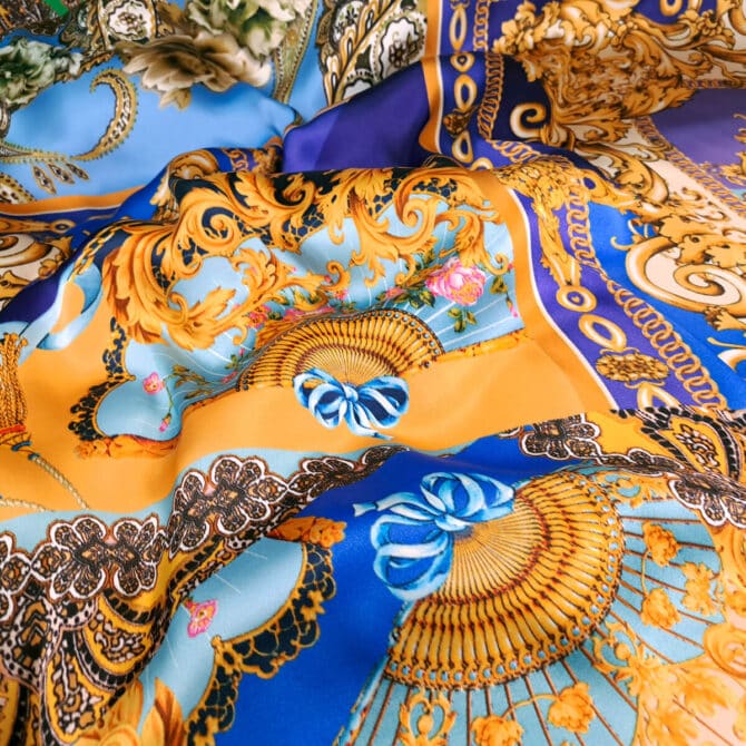 kolorowy jedwab z wiskoza wachlarze ornamenty satynaC