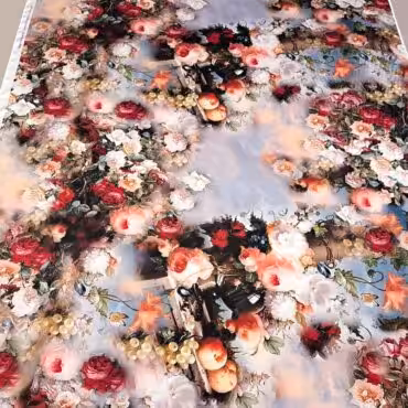 jedwab we wzory satyna z elastanem kwiaty owoceB