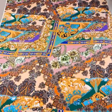 jedwab z wiskoza w kolorowe wzory wachlarze satynaB