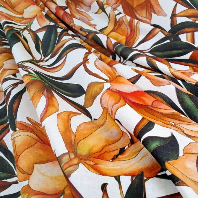 len we wzory magnolie zgaszony pomarancz na bieliE