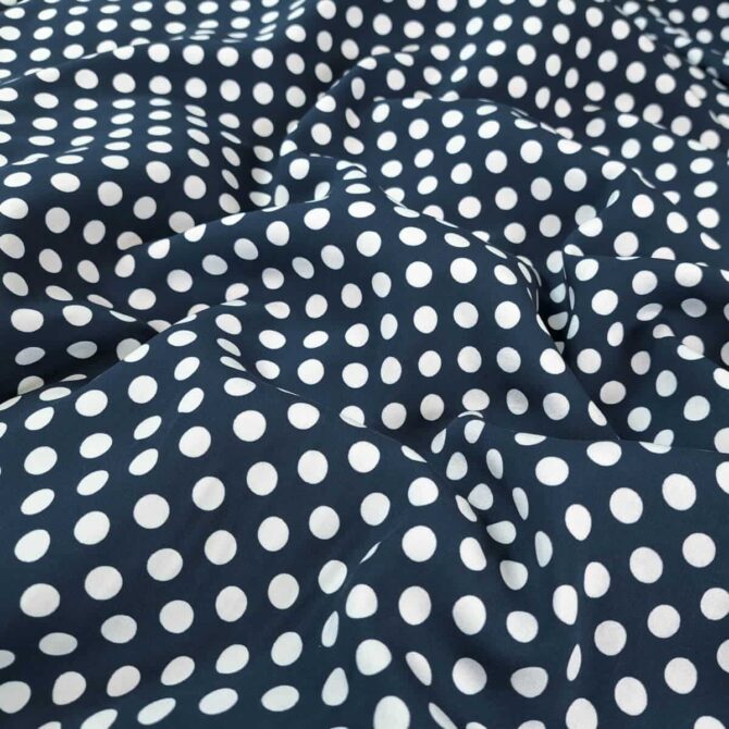 rayon tkanina granatowa w biale groszki polka dotC