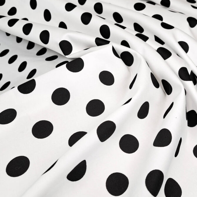 bawelna biala w czarne grochy polka dot elastycznaC