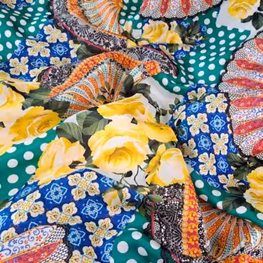 kolorowy jedwab we wzory roze groszki kafle i wachlarzeA