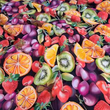 kolorowy jedwab w owoce na czarnym tle krepa cienka jedwabna