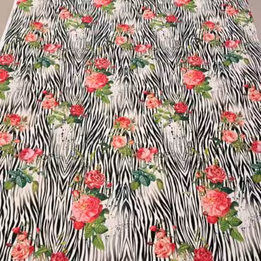 przezierny jedwab wzór róże i zebra naturalny cienki biały
