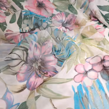 szyfon jedwabny w kwiaty różowe na bieli
