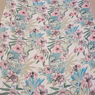 szyfonowy jedwab w kwiaty różowe z zielonymi liśćmi na białym tle pełna szerokość tkaniny