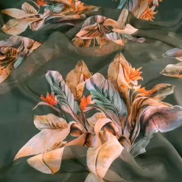 szyfon jedwabny wzór kwiaty w bukietach zielony