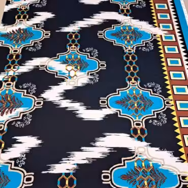 elastyczny jedwab granatowy w kolorowy wzór z borderem panel 195cm