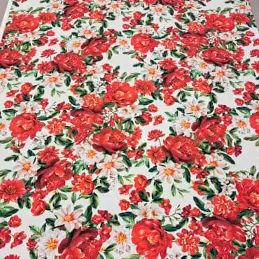 jedwabna bureta oryginalna premium wzór czerwone kwiaty pełna szerokość tkaniny
