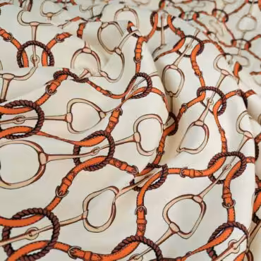 wiskoza premium wzór wędzidła i paski pomarańcz na ivory