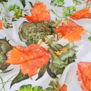 szyfon wiskozowy w piwonie pomarańczowe i zielone na bieli