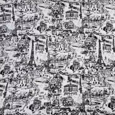 tkanina wiskoza wzór Paris czarno-biała krepo-żorżeta