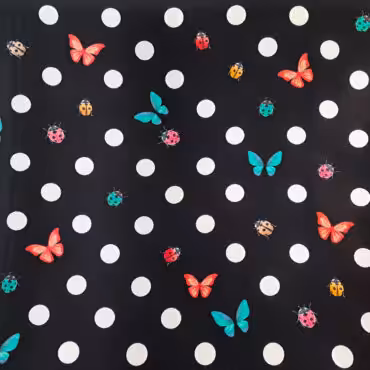 cienka krepa jedwabna w groszki motyle i biedronki na czarnym tle
