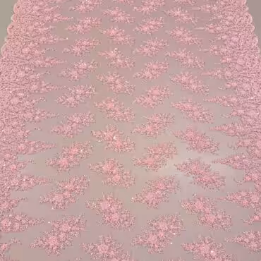 różowa koronka z zakończeniem koraliki i cekiny na siatce elastycznej pełna szerokość