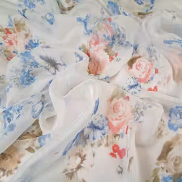 szyfon jedwabny mgiełka kwiaty vintage na bieli