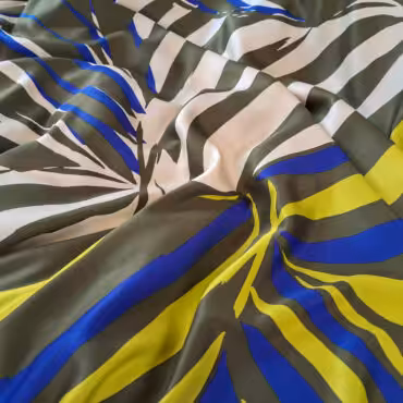 wiskoza jedwabista markowa pasy liście khaki z kobaltem